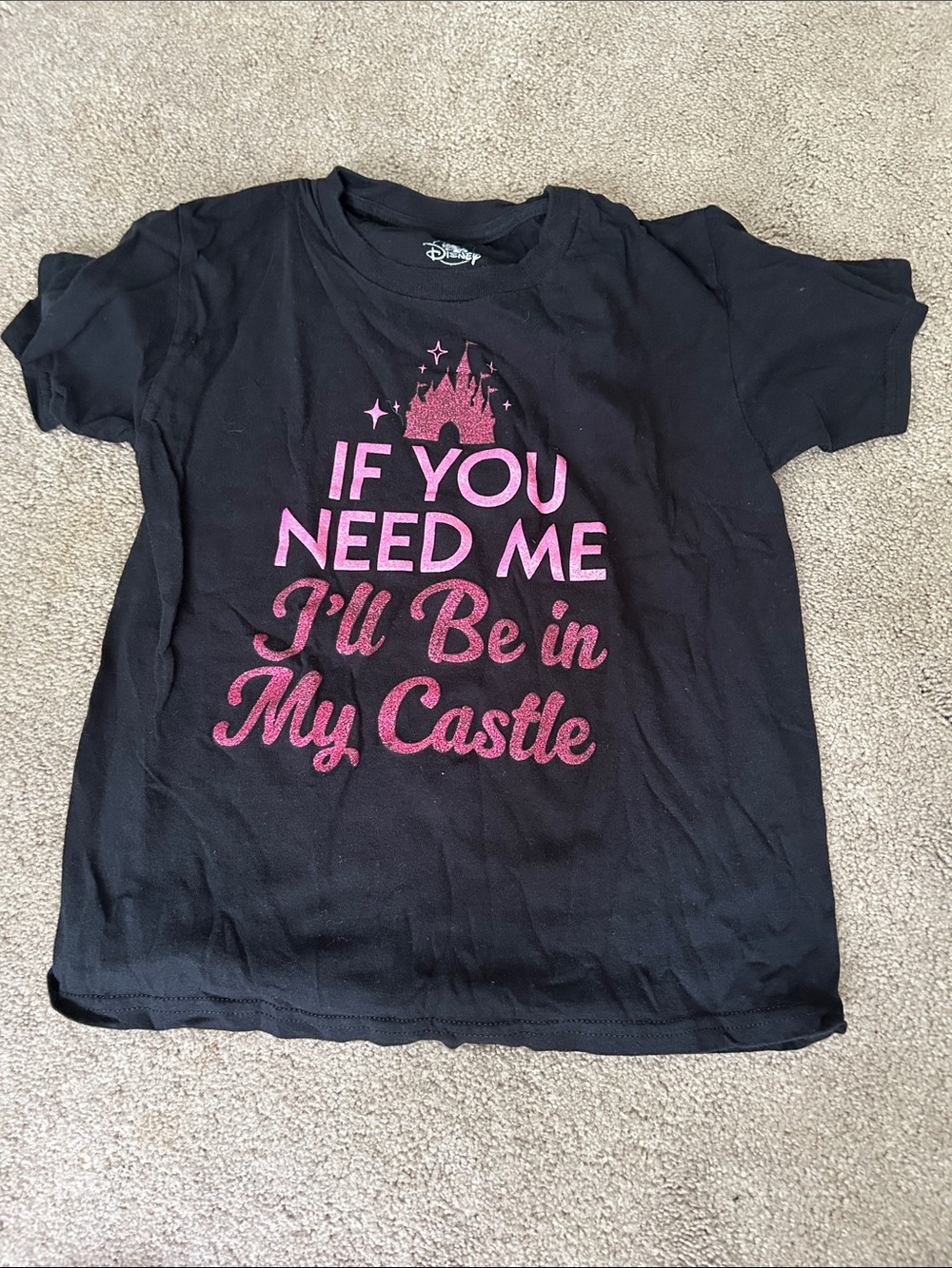 Disney Black Tee with Pink Glitter Castle Slogan